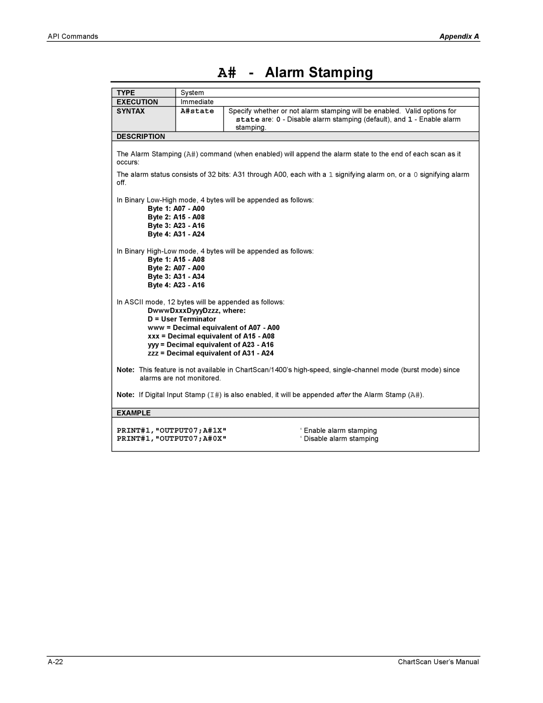 Omega Vehicle Security 1400 manual # Alarm Stamping, PRINT#1,OUTPUT07A#1X, PRINT#1,OUTPUT07A#0X 