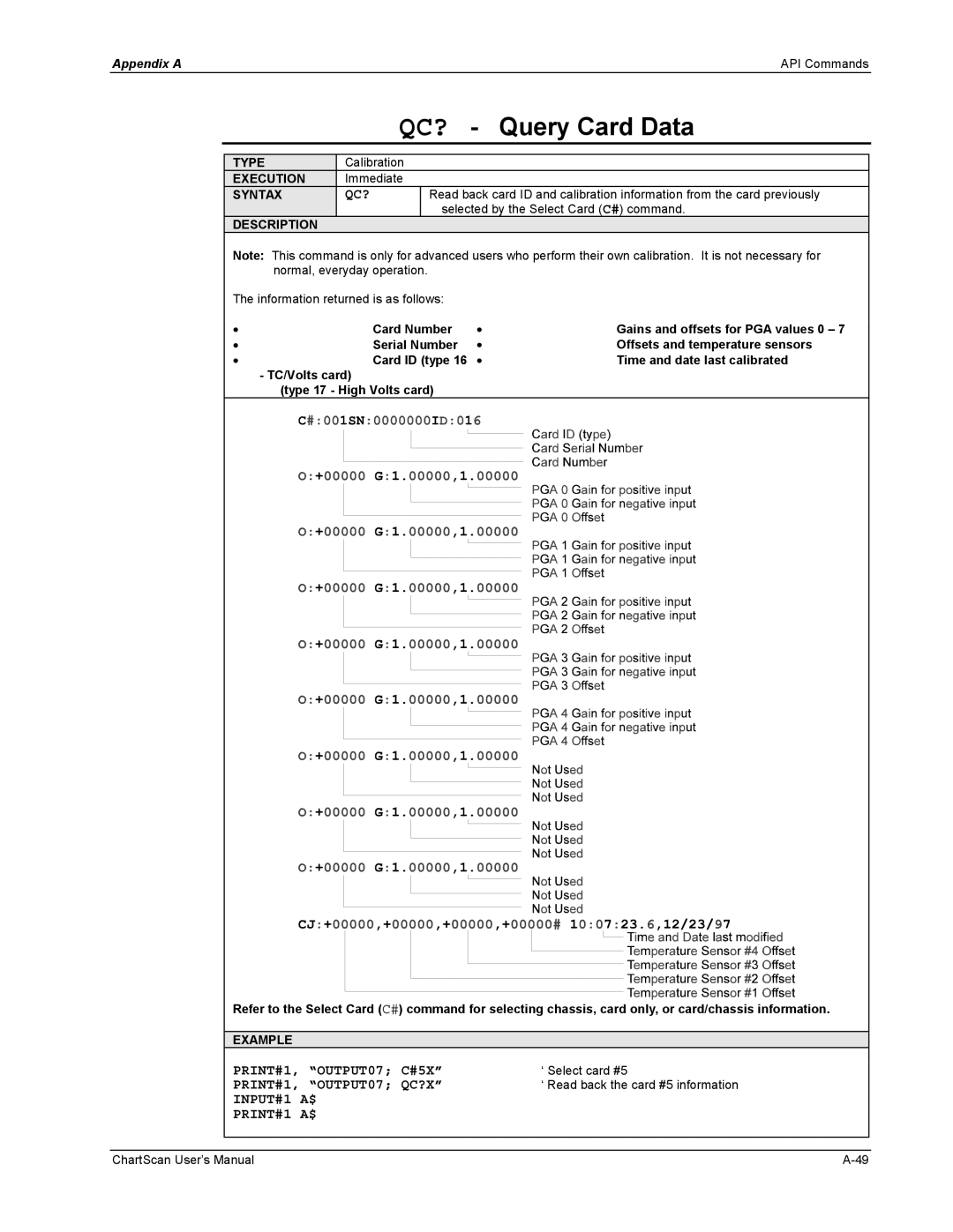 Omega Vehicle Security 1400 manual QC? Query Card Data, PRINT#1, OUTPUT07 C#5X, PRINT#1, OUTPUT07 QC?X, INPUT#1 PRINT#1 