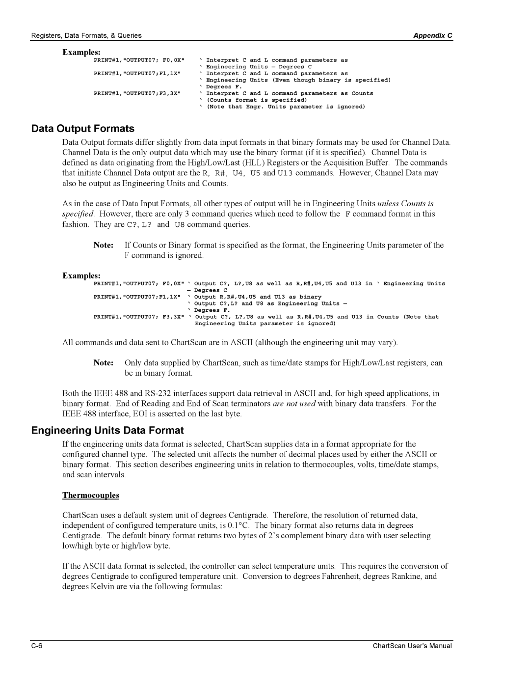 Omega Vehicle Security 1400 manual Data Output Formats, Engineering Units Data Format, Examples, Thermocouples 