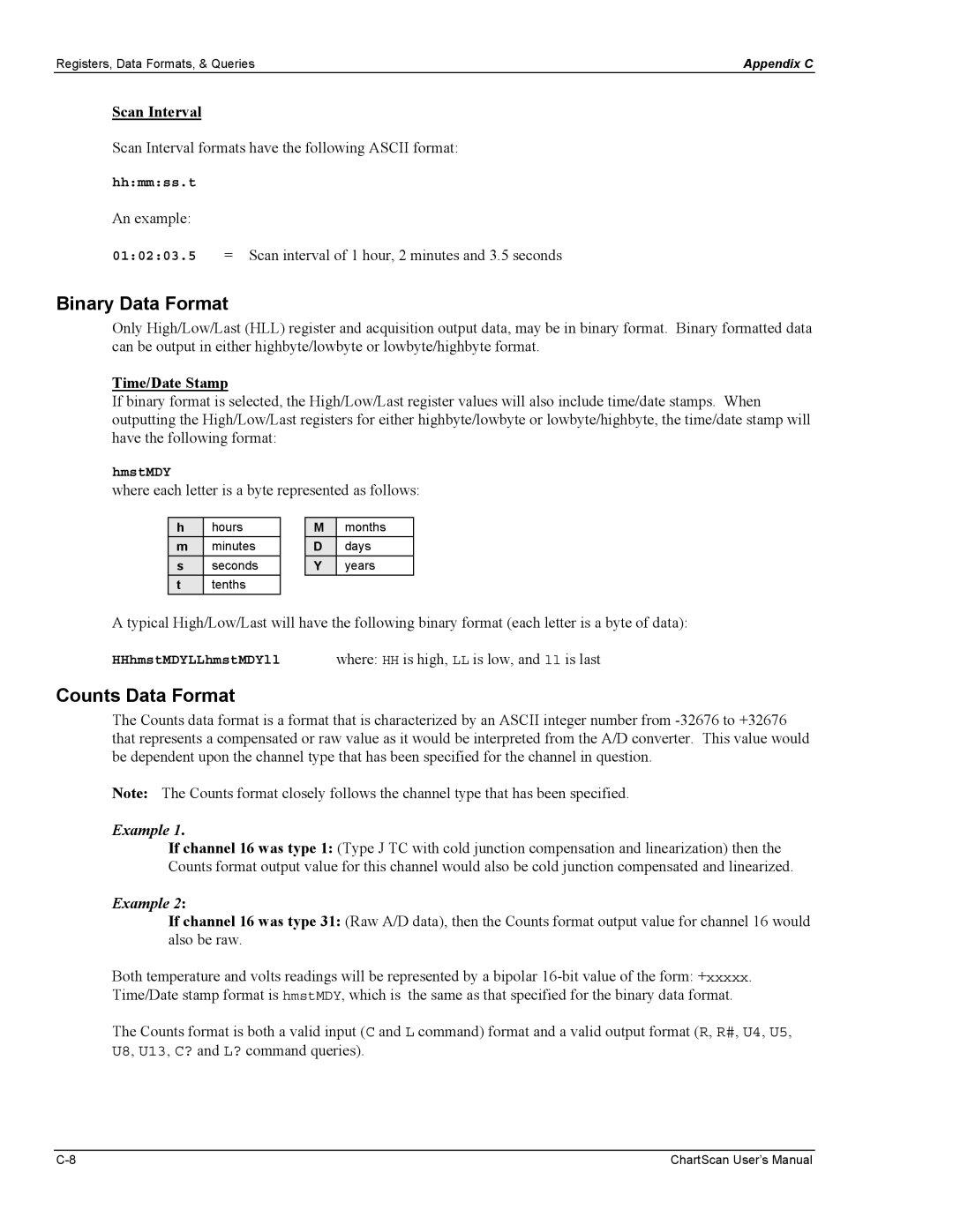 Omega Vehicle Security 1400 manual Binary Data Format, Counts Data Format, 010203.5, HHhmstMDYLLhmstMDYll 