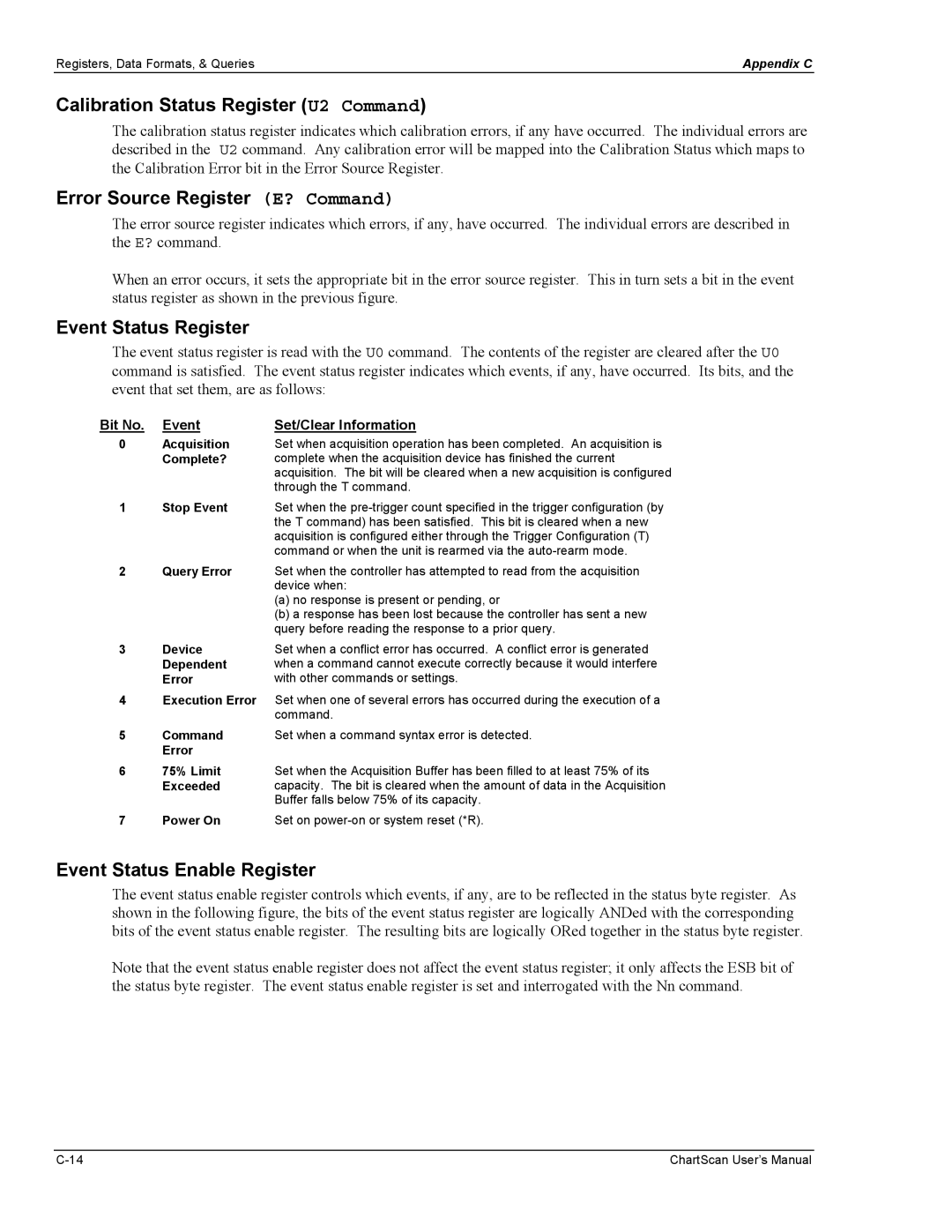 Omega Vehicle Security 1400 manual Calibration Status Register U2 Command, Error Source Register E? Command 