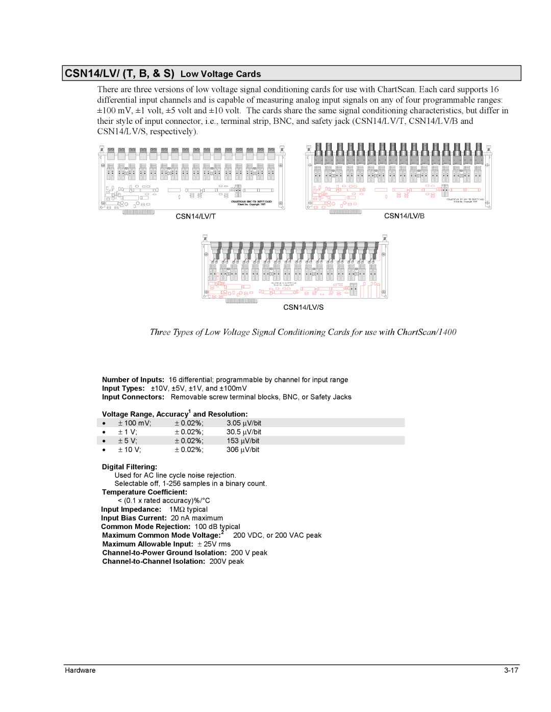 Omega Vehicle Security 1400 manual CSN14/LV/ T, B, & S Low Voltage Cards, Voltage Range, Accuracy1 and Resolution 