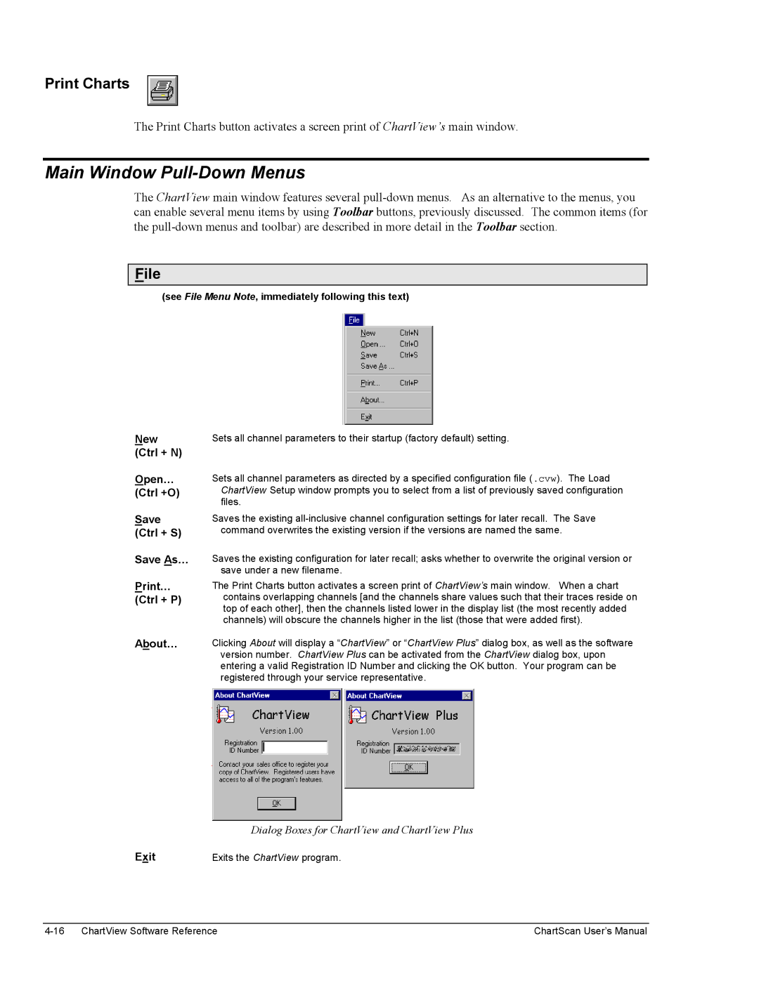 Omega Vehicle Security 1400 manual Main Window Pull-Down Menus, Print Charts, File 