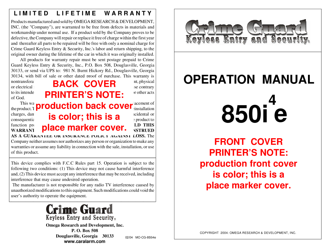 Omega Vehicle Security operation manual 850i4e 