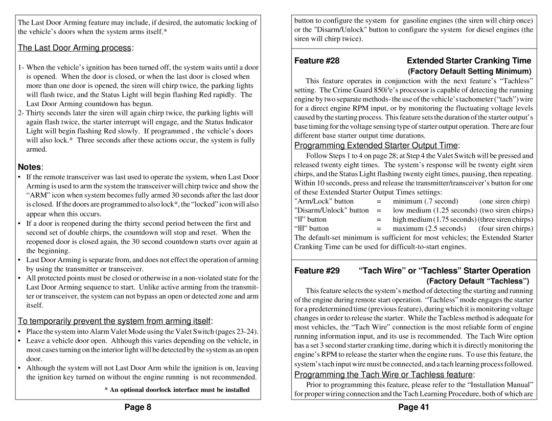 Omega Vehicle Security 850i operation manual Feature #28, Feature #29 Tach Wire or Tachless Starter Operation 