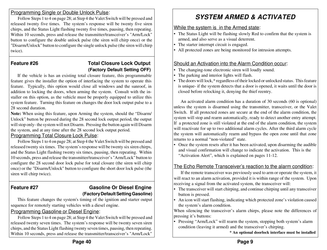 Omega Vehicle Security 850i operation manual System Armed & Activated, Feature #26 Total Closure Lock Output 