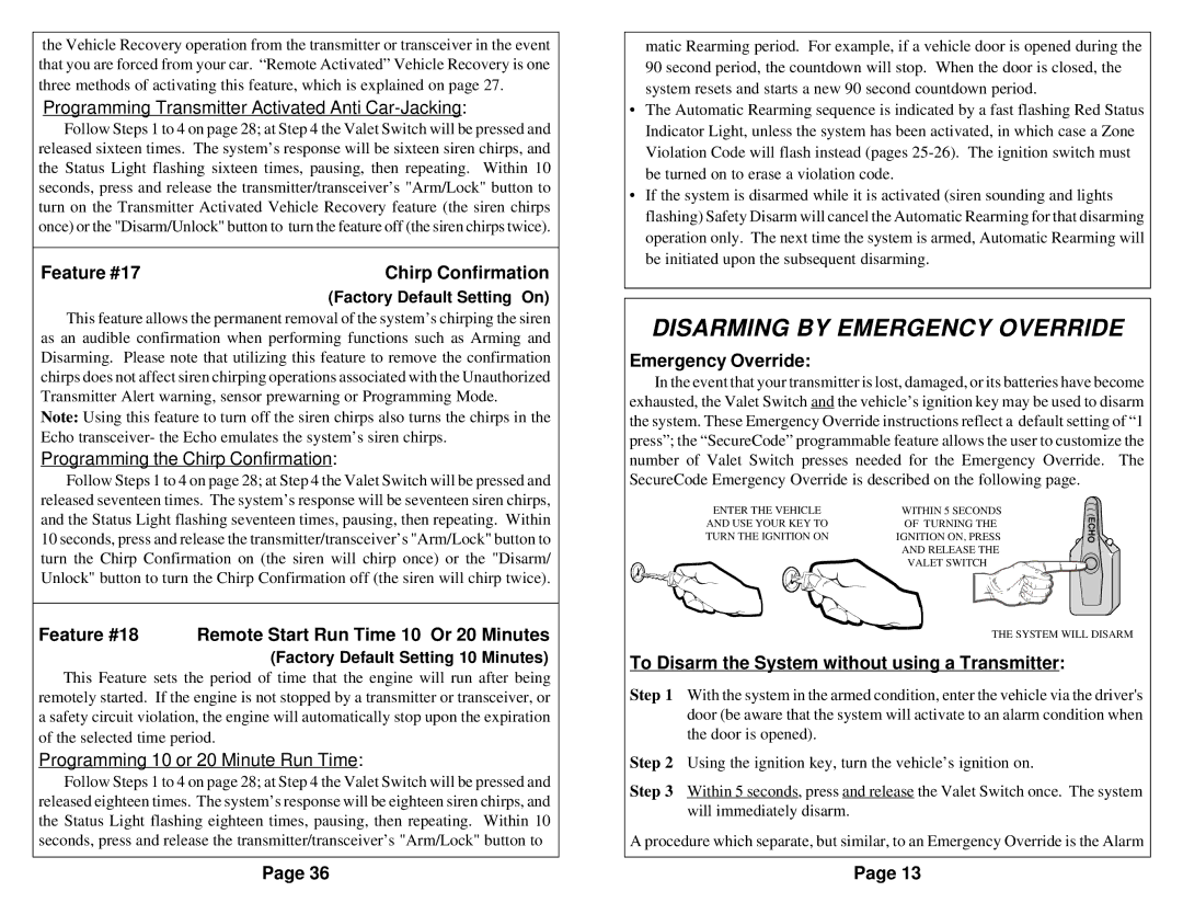 Omega Vehicle Security 850i operation manual Disarming by Emergency Override, Feature #17 Chirp Confirmation 