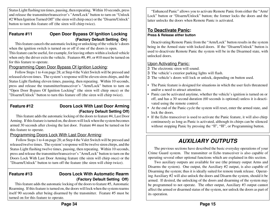 Omega Vehicle Security 850i Auxiliary Outputs, To Deactivate Panic, Feature #11 Open Door Bypass Of Ignition Locking 