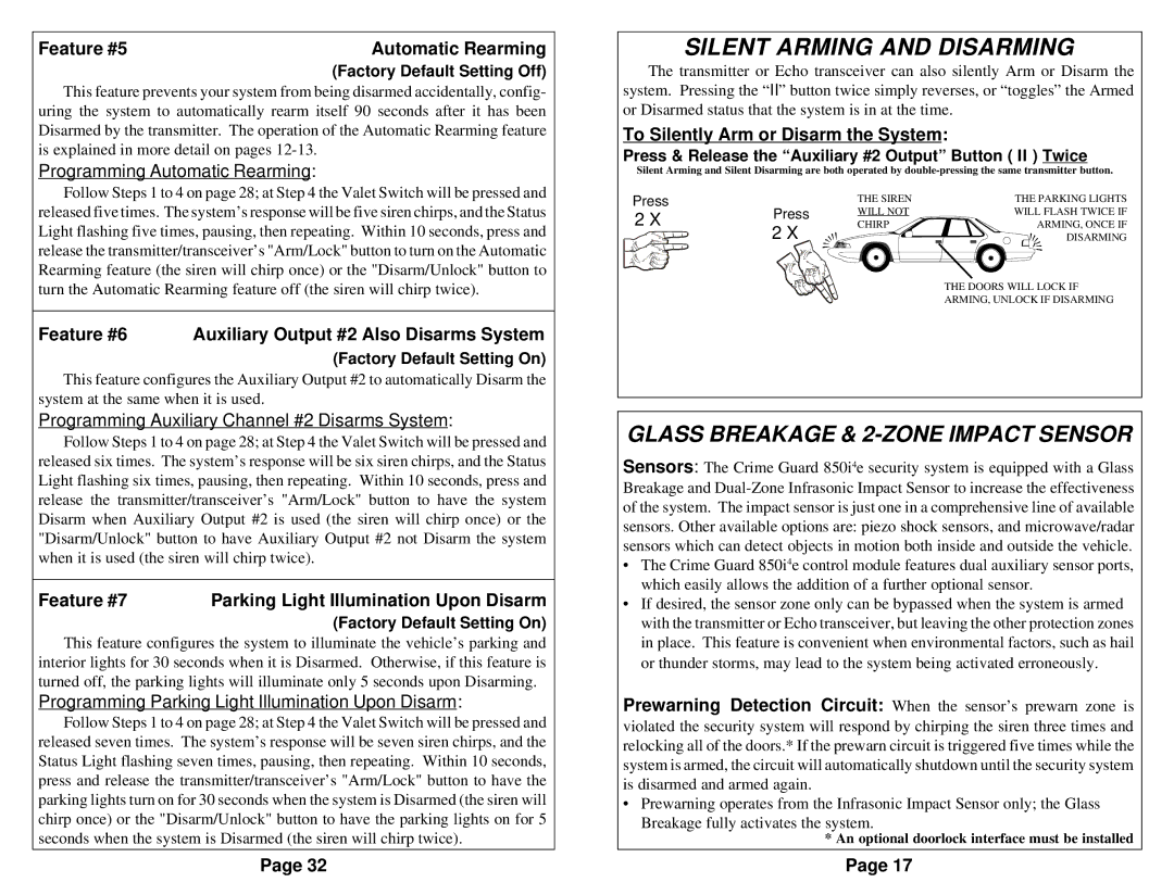 Omega Vehicle Security 850i operation manual Silent Arming and Disarming, Glass Breakage & 2-ZONE Impact Sensor 