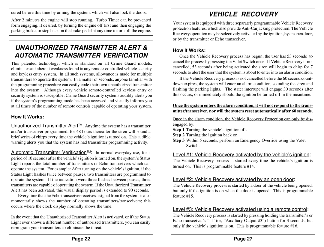 Omega Vehicle Security 850i operation manual Level #2 Vehicle Recovery activated by an open door 