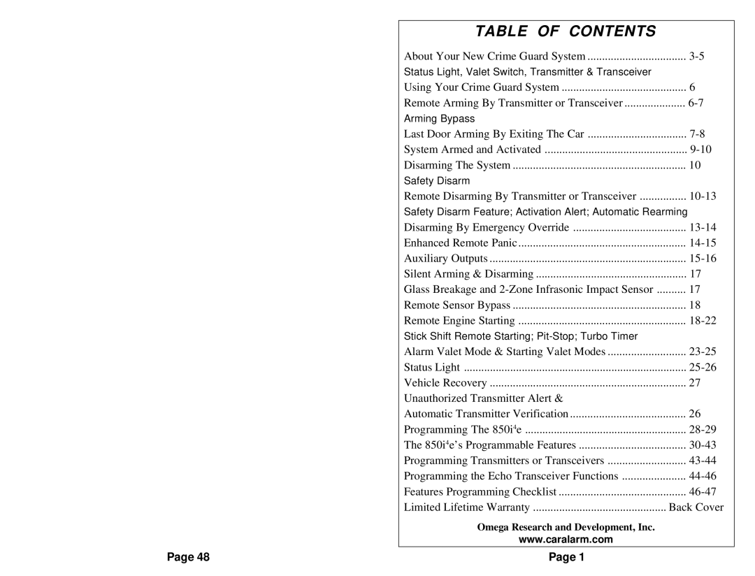 Omega Vehicle Security 850i operation manual Table of Contents 