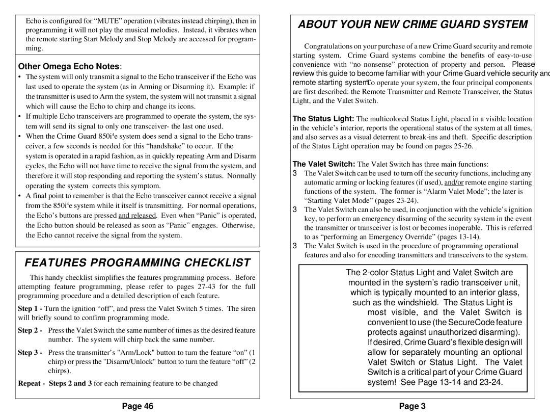 Omega Vehicle Security 850i Features Programming Checklist, About Your NEW Crime Guard System, Other Omega Echo Notes 