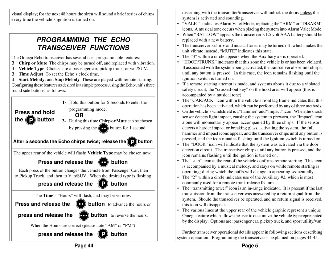 Omega Vehicle Security 850i operation manual Programming the Echo Transceiver Functions, Press and release Button 