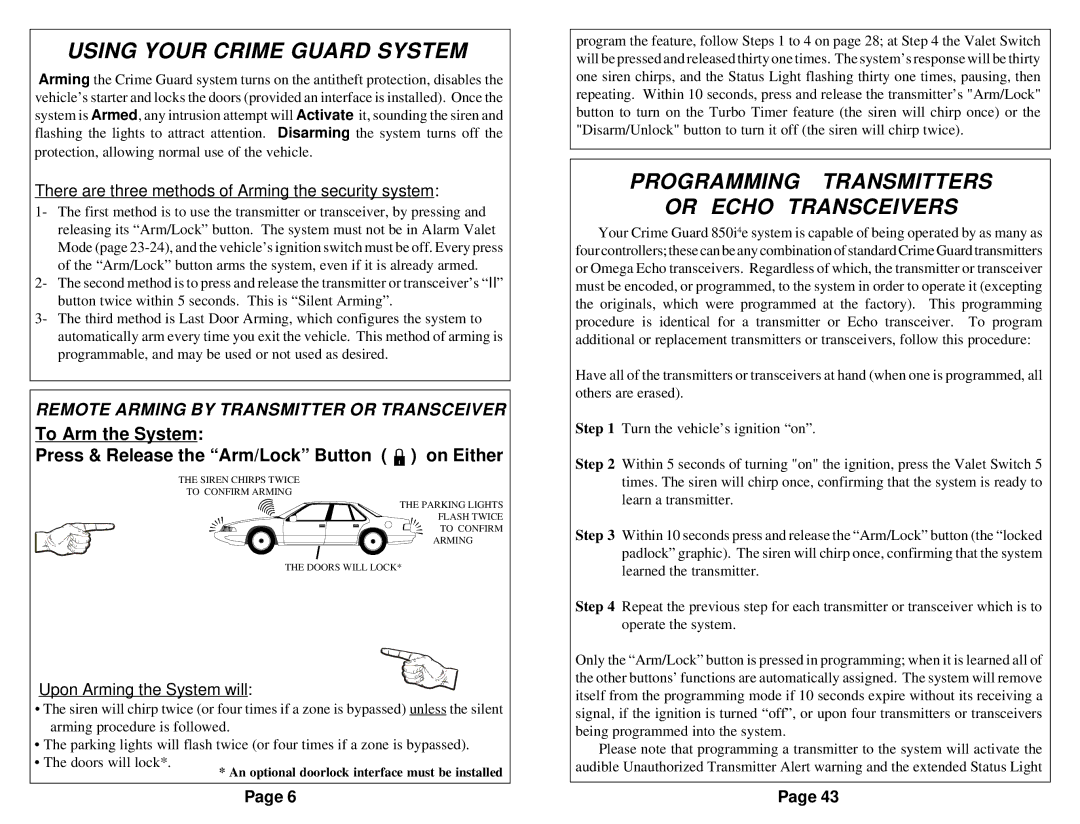 Omega Vehicle Security 850i operation manual Using Your Crime Guard System, Programming Transmitters Or Echo Transceivers 