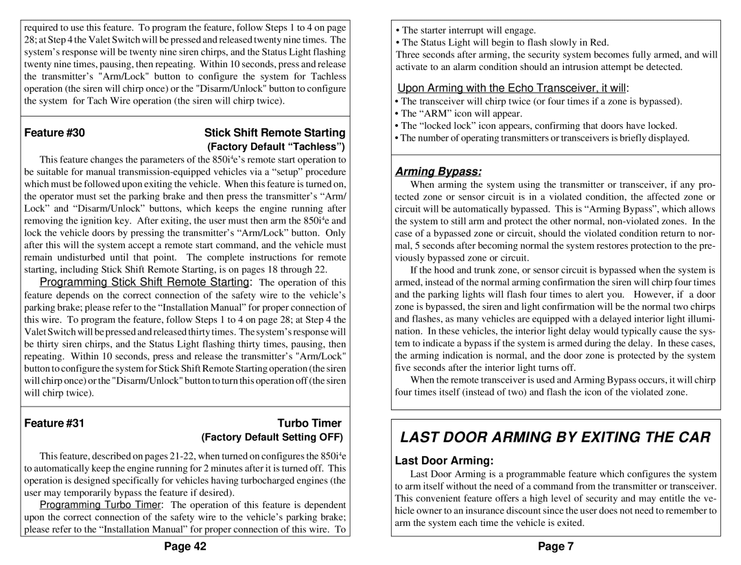 Omega Vehicle Security 850i operation manual Last Door Arming by Exiting the CAR, Feature #30, Feature #31 Turbo Timer 