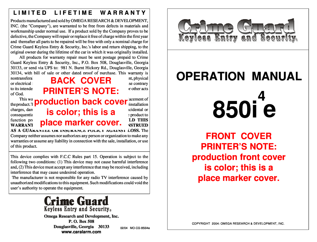 Omega Vehicle Security operation manual Back Cover, Printer’S Note, is color this is a, Front Cover, 850i4e, This 