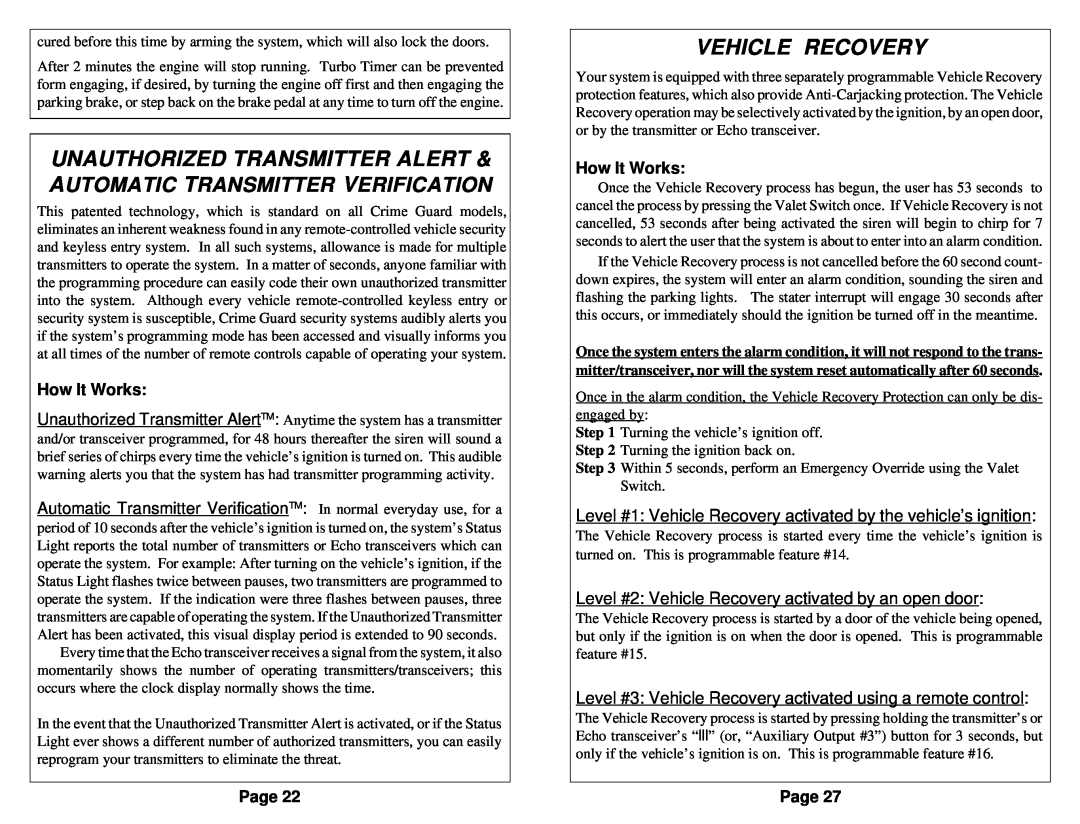 Omega Vehicle Security 850i Unauthorized Transmitter Alert Automatic Transmitter Verification, Vehicle Recovery, Page 