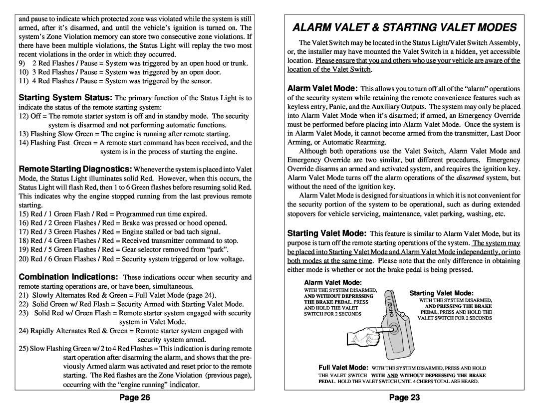 Omega Vehicle Security 850i operation manual Alarm Valet & Starting Valet Modes, Page 
