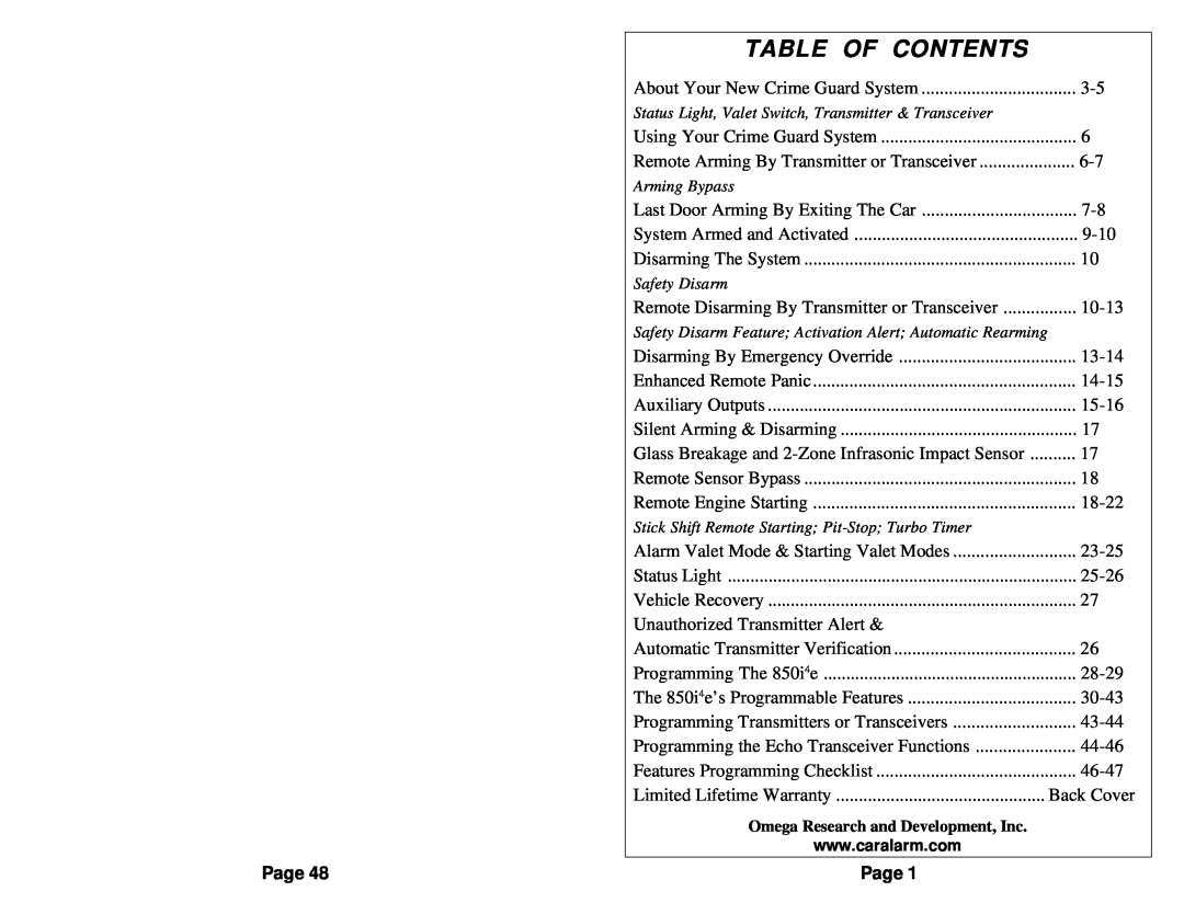 Omega Vehicle Security 850i operation manual Table Of Contents, Page 