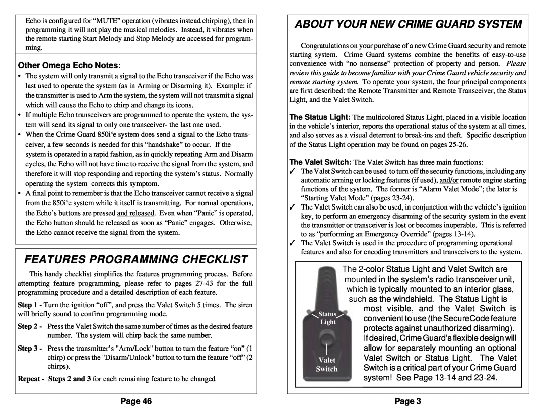 Omega Vehicle Security 850i Features Programming Checklist, About Your New Crime Guard System, Other Omega Echo Notes 