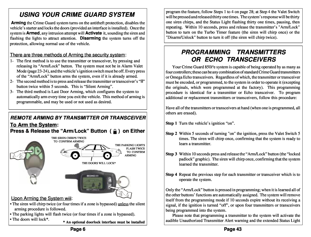 Omega Vehicle Security 850i Using Your Crime Guard System, Programming Transmitters Or Echo Transceivers, Page 