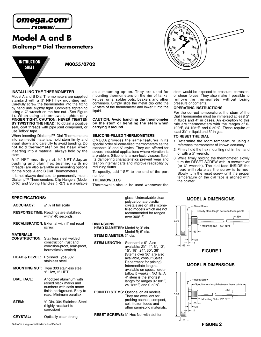 Omega Vehicle Security A, B instruction sheet SILICONE-FILLED Thermometers, Thermowells, Operating Instructions, Materials 