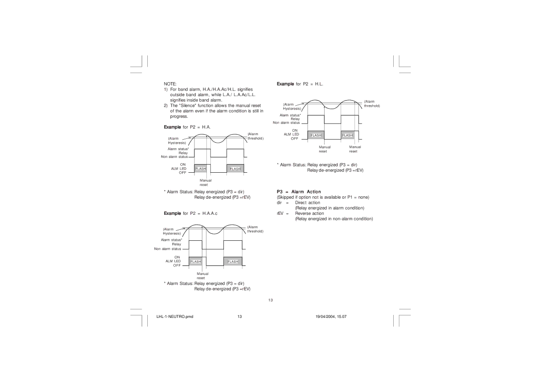 Omega Vehicle Security CN3271 Series manual Example for P2 = H.A.A.c, Example for P2 = H.L, P3 = Alarm Action 