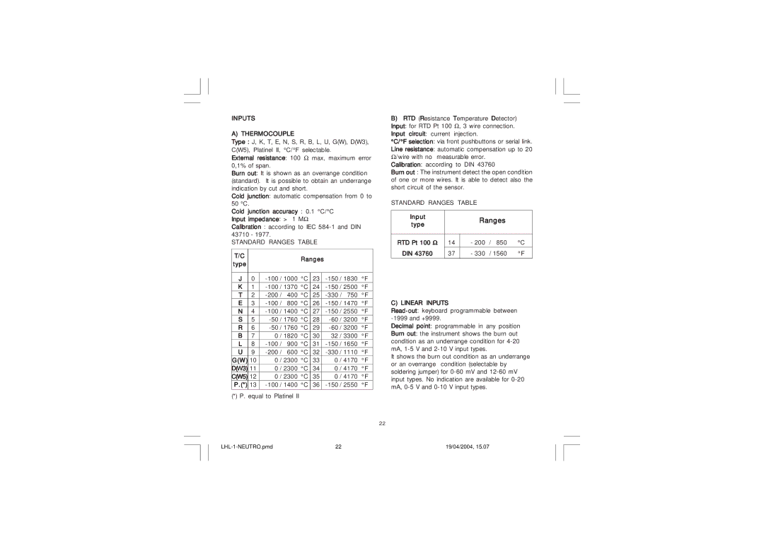 Omega Vehicle Security CN3271 Series manual Inputs Thermocouple, Linear Inputs 