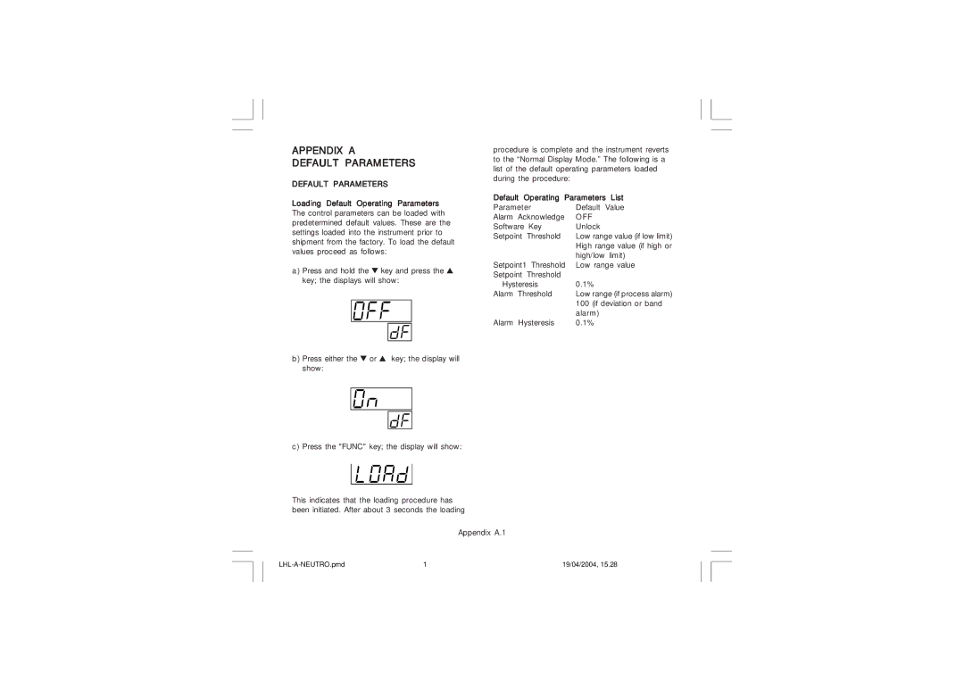 Omega Vehicle Security CN3271 Series manual Default Parameters, Default Operating Parameters List 