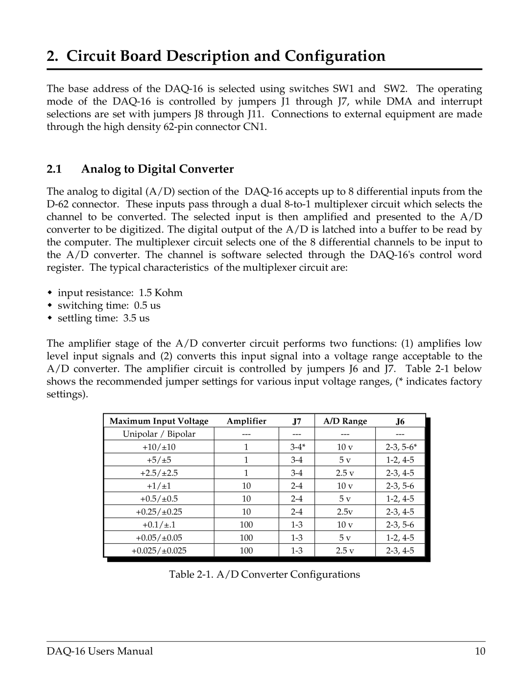 Omega Vehicle Security DAQ-16 user manual Analog to Digital Converter, Maximum Input Voltage Amplifier Range 