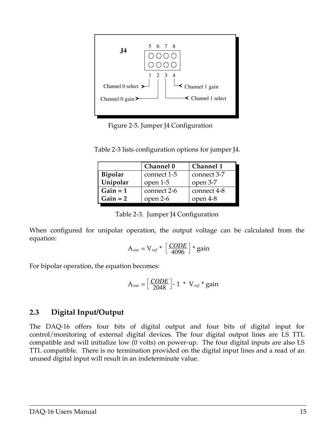 Omega Vehicle Security DAQ-16 user manual Digital Input/Output, Channel Bipolar, Unipolar, Gain = 