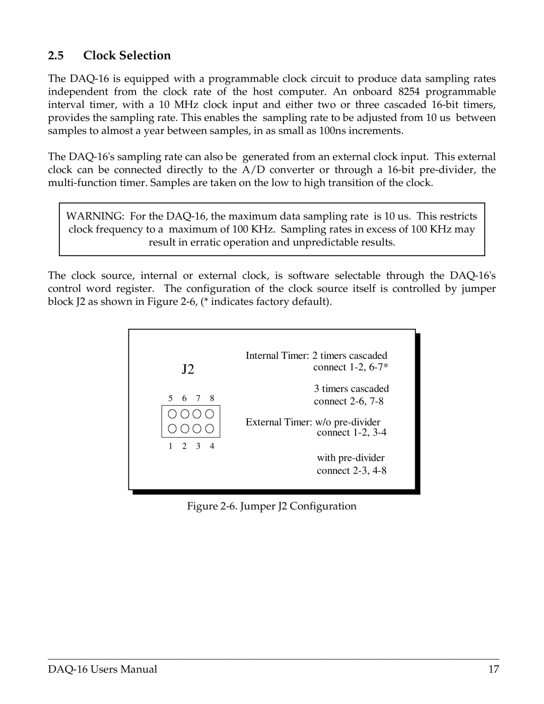 Omega Vehicle Security DAQ-16 user manual Clock Selection, Jumper J2 Configuration 