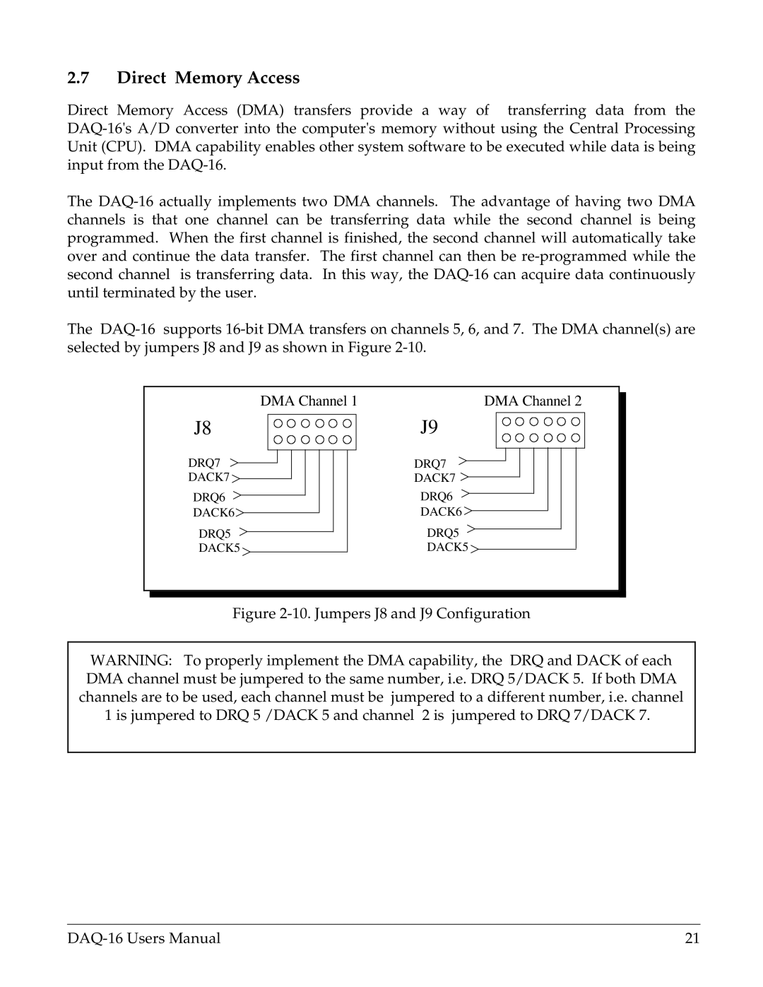 Omega Vehicle Security DAQ-16 user manual Direct Memory Access, Jumpers J8 and J9 Configuration 