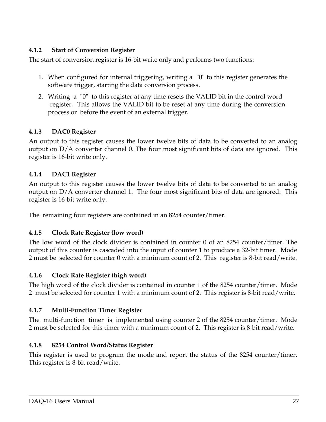 Omega Vehicle Security DAQ-16 Start of Conversion Register, 3 DAC0 Register, 4 DAC1 Register, Clock Rate Register low word 