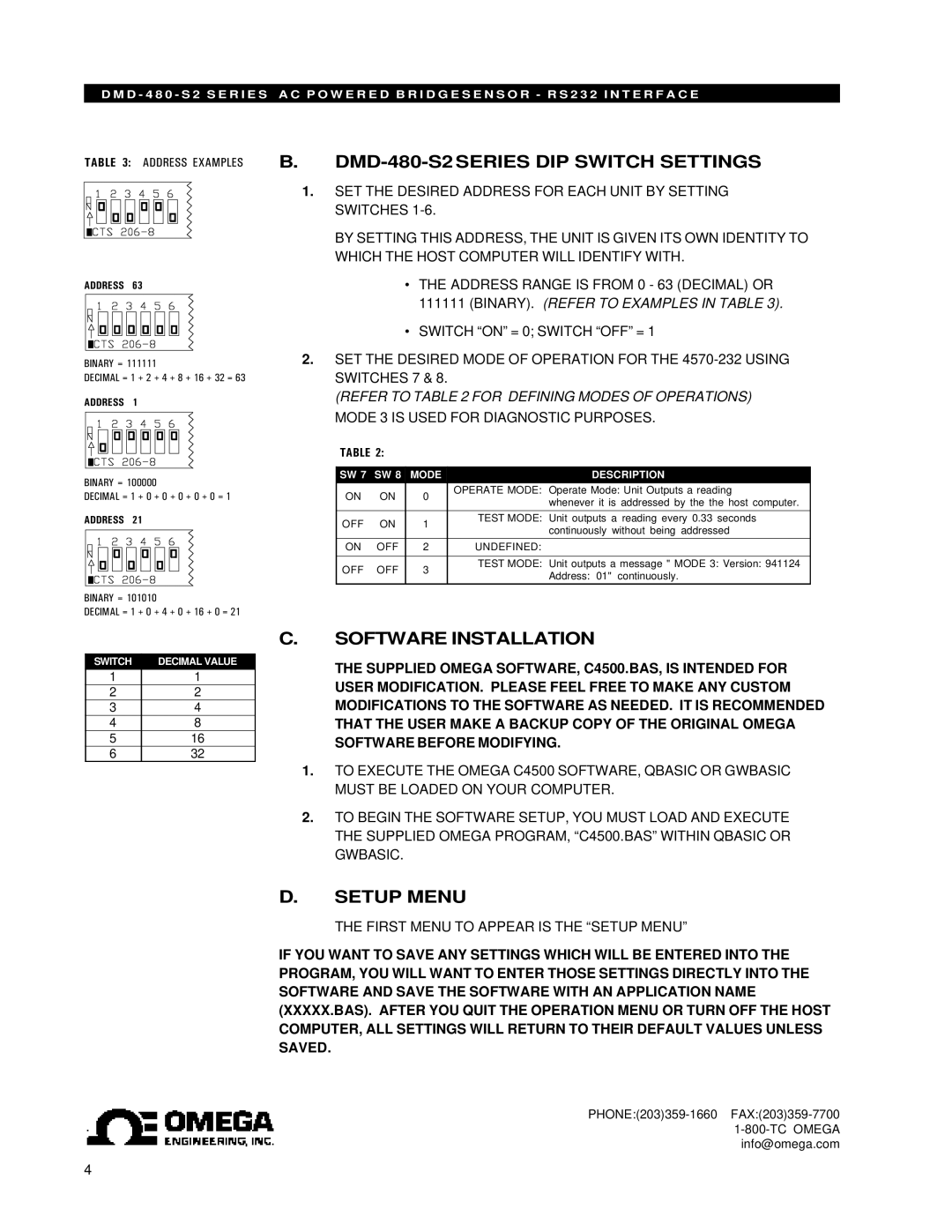 Omega Vehicle Security Address Examples B. DMD-480-S2 Series DIP Switch Settings, Software Installation, Setup Menu 