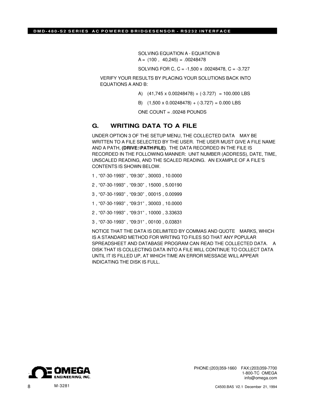 Omega Vehicle Security DMD-480-S2 user manual Writing Data to a File, Solving Equation a Equation B 