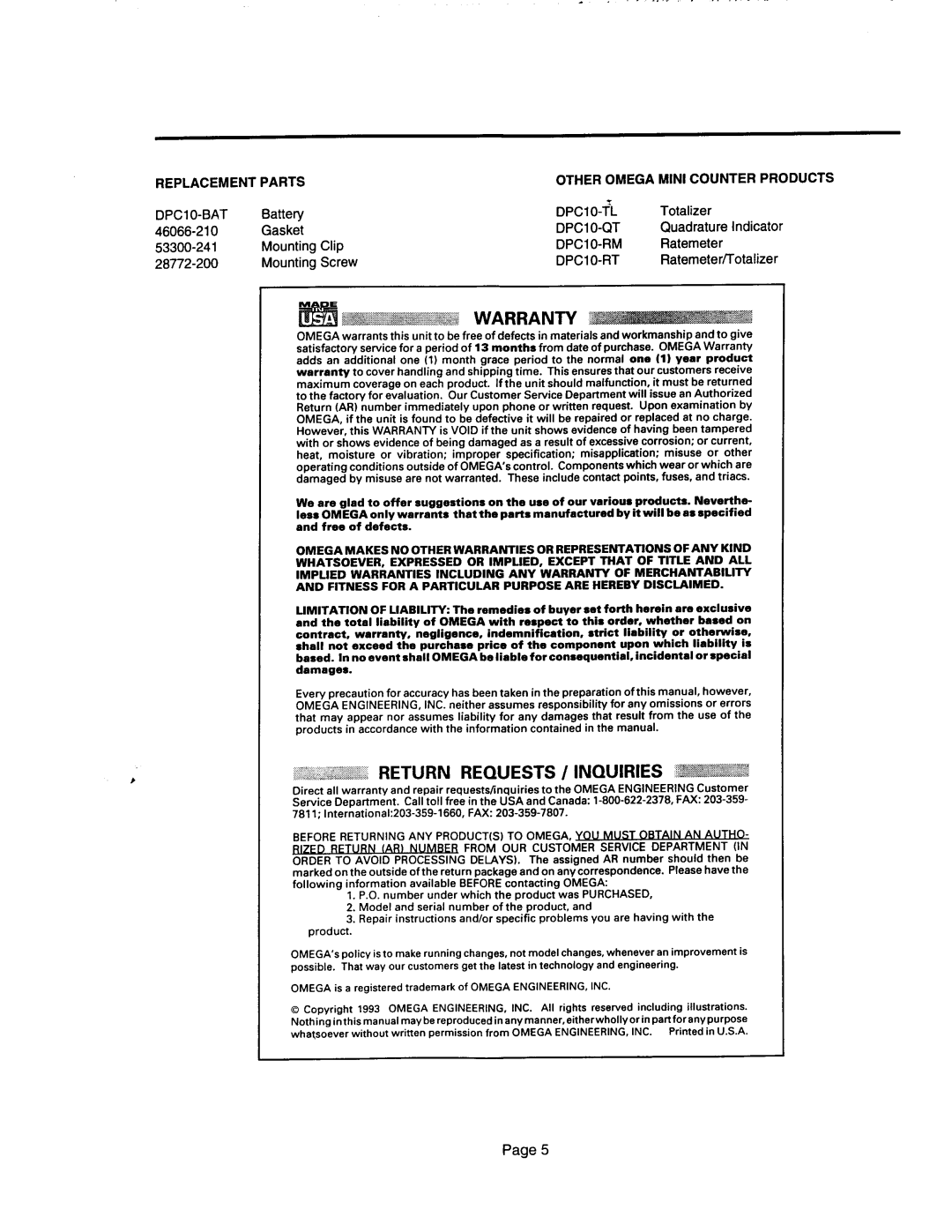 Omega Vehicle Security DPC10-CS specifications Requests / lNQUlRlES &$~~, Replacement Parts, Other Omega M, Dpc I O Rm 