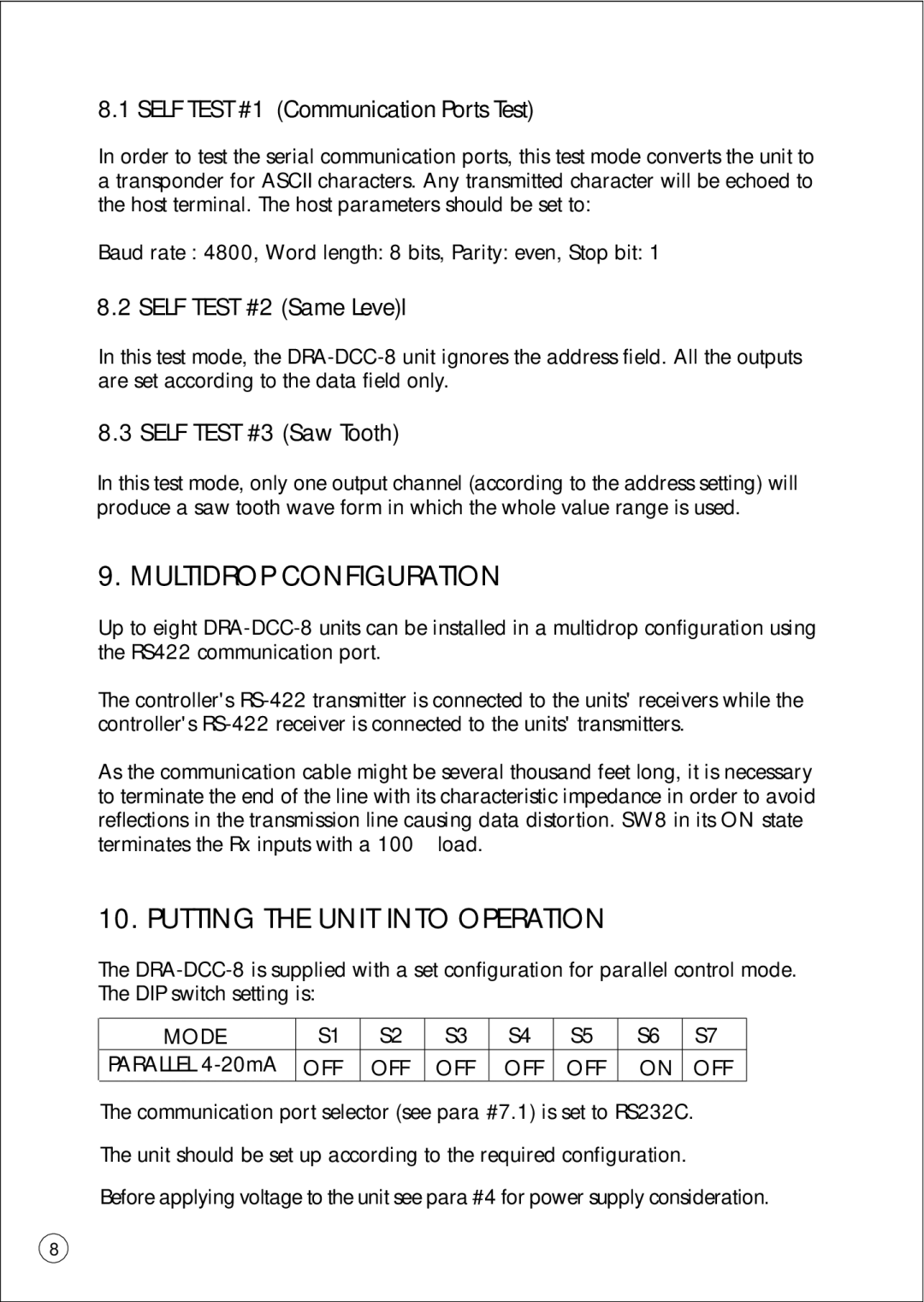 Omega Vehicle Security DRA-DCC-8 manual Multidrop Configuration, Putting the Unit Into Operation, Self Test #2 Same Level 