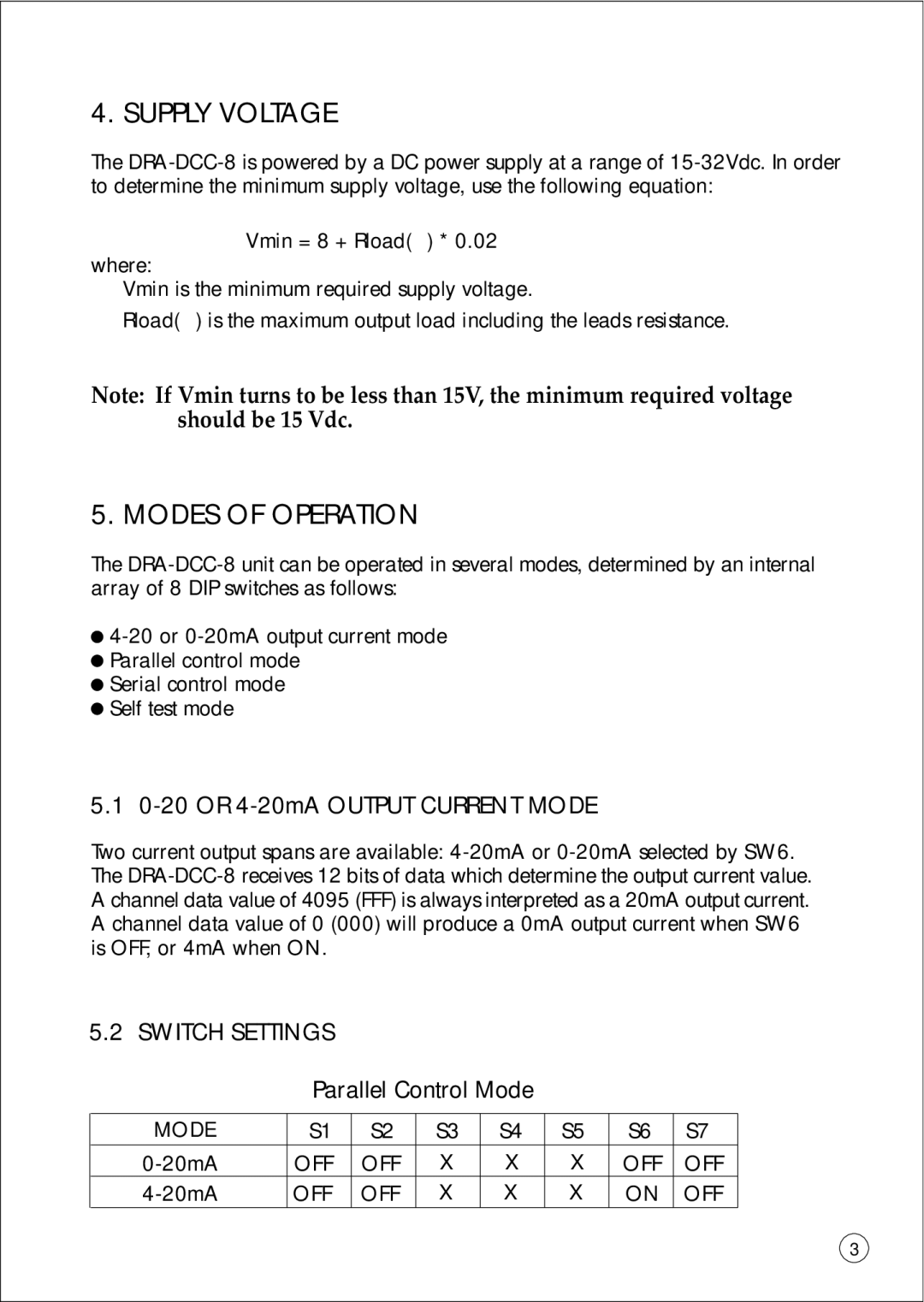 Omega Vehicle Security DRA-DCC-8 Supply Voltage, Modes of Operation, 0-20 or 4-20mA Output Current Mode, Switch Settings 