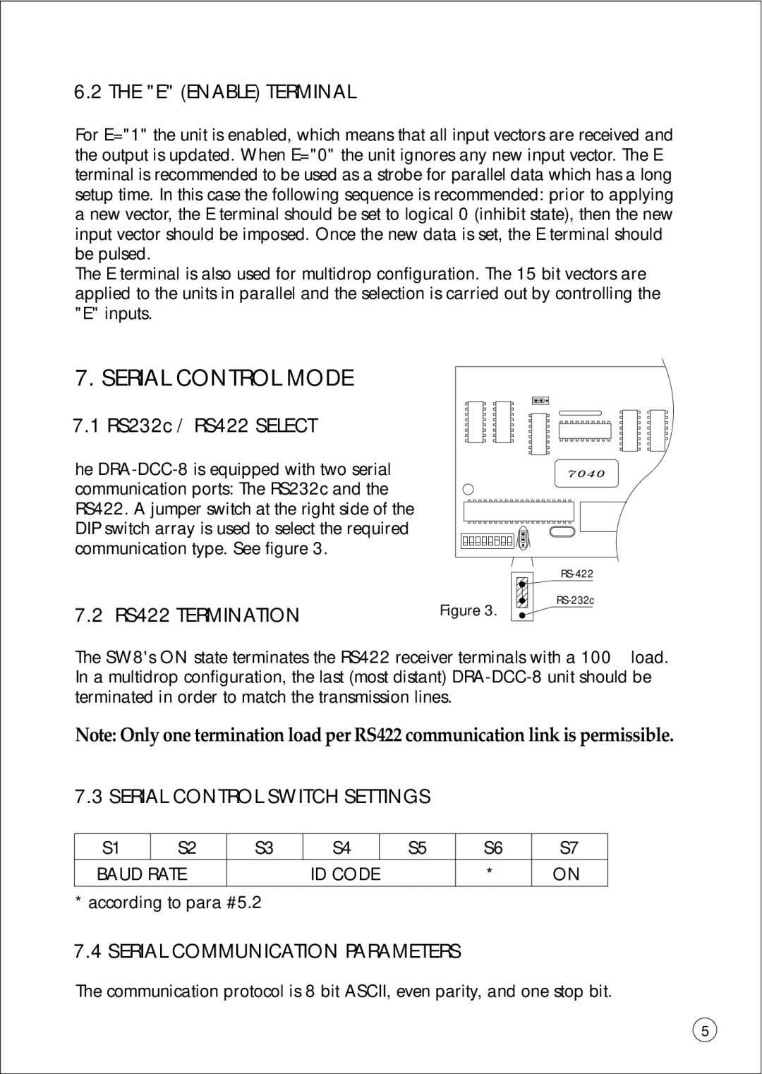 Omega Vehicle Security DRA-DCC-8 Serial Control Mode, E Enable Terminal, RS422 Termination, Serial Control Switch Settings 