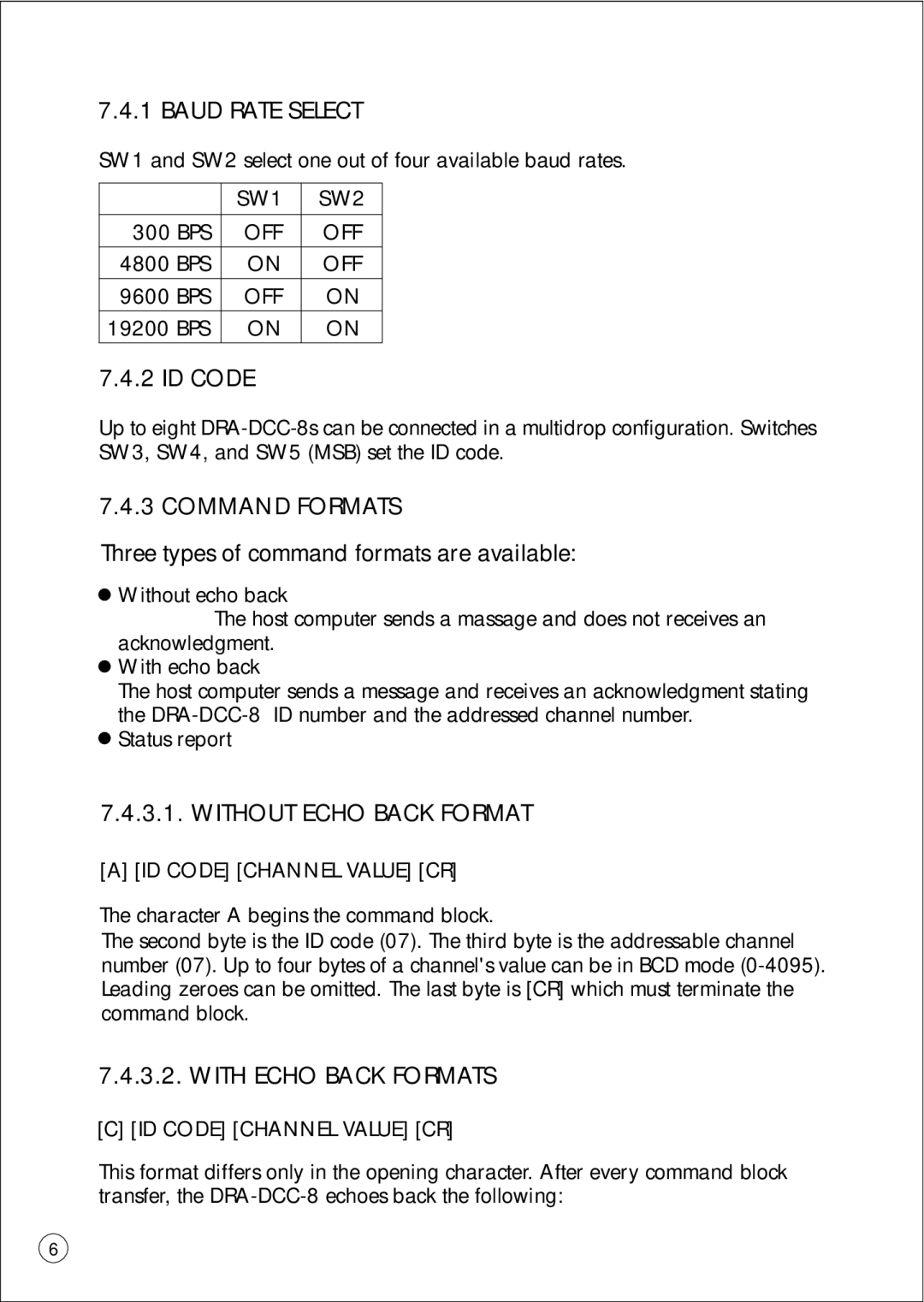 Omega Vehicle Security DRA-DCC-8 manual Baud Rate Select, Command Formats, Three types of command formats are available 