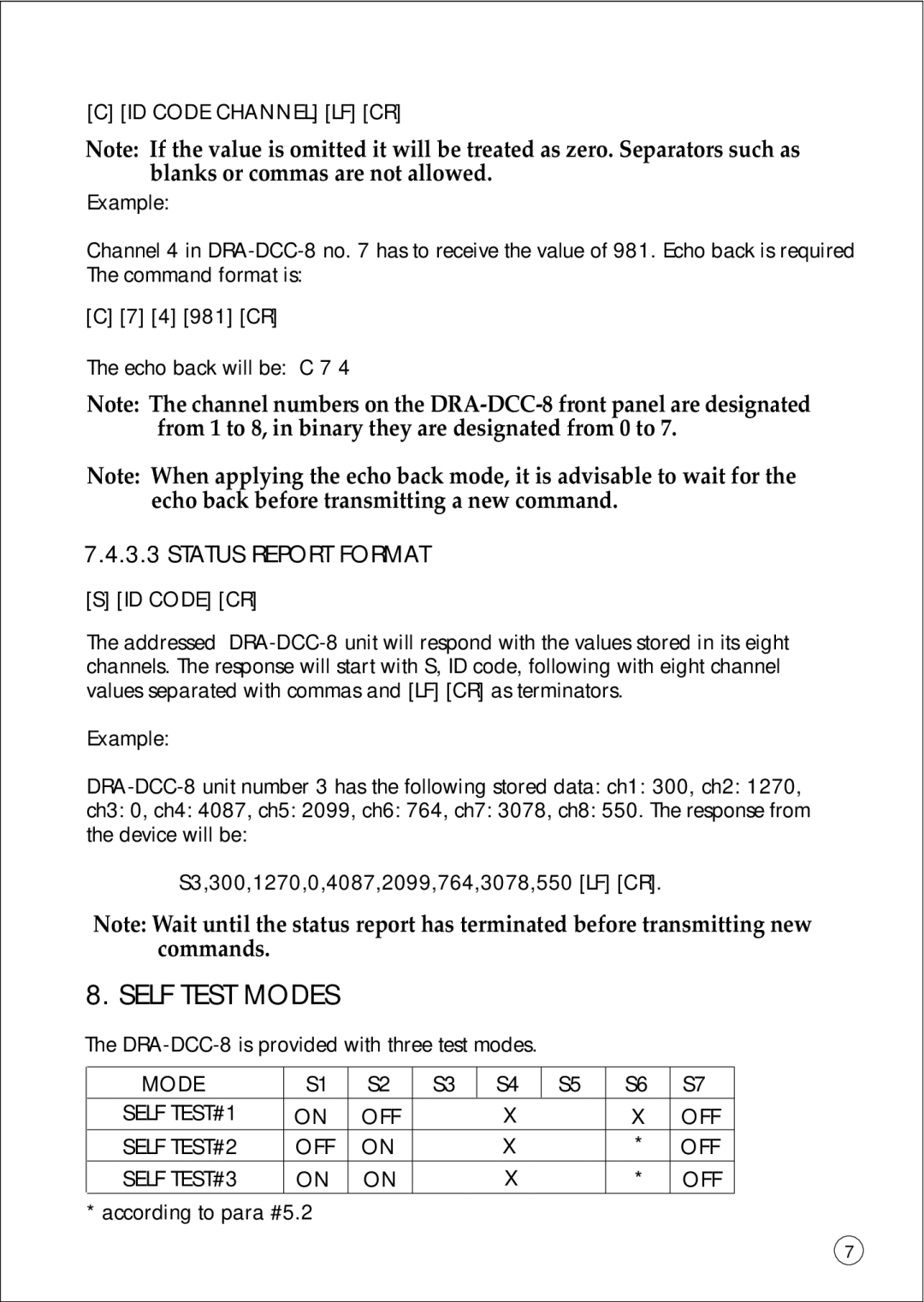 Omega Vehicle Security DRA-DCC-8 manual Self Test Modes, Status Report Format 