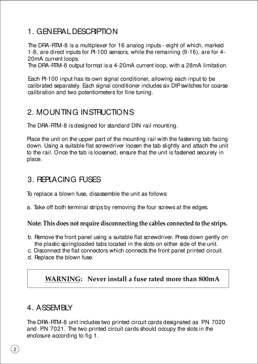 Omega Vehicle Security DRA-RTM-8 manual General Description, Mounting Instructions, Replacing Fuses, Assembly 