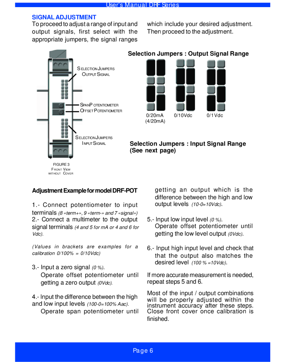 Omega Vehicle Security DRF-POT, DRF-RES Series manual Signal Adjustment, Selection Jumpers Output Signal Range, See next 