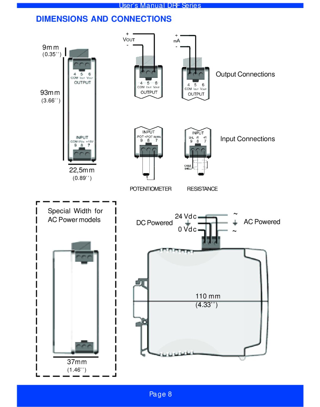 Omega Vehicle Security DRF-POT, DRF-RES Series manual Dimensions and Connections 