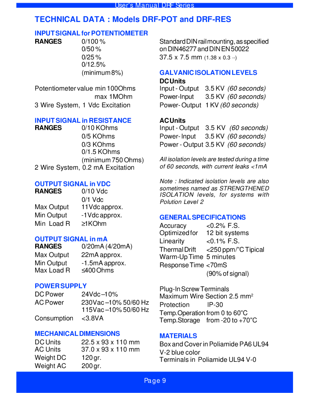 Omega Vehicle Security DRF-RES Series, DRF-POT manual Ranges, Galvanic Isolation Levels, Power Supply, Generalspecifications 