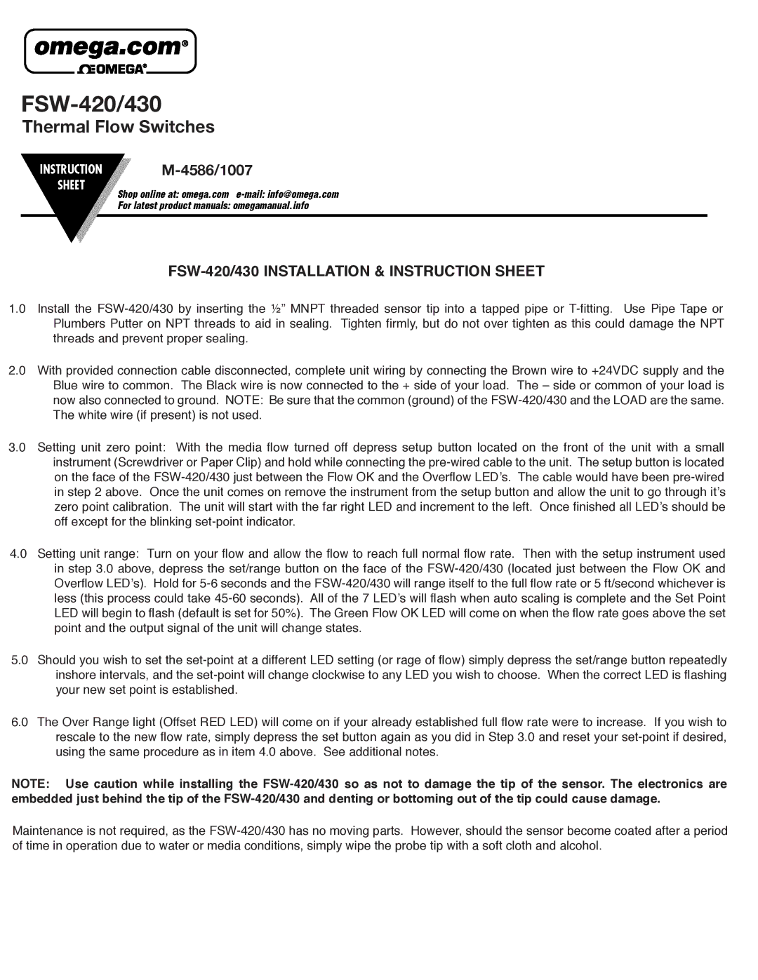 Omega Vehicle Security installation instructions FSW-420/430, Thermal Flow Switches 