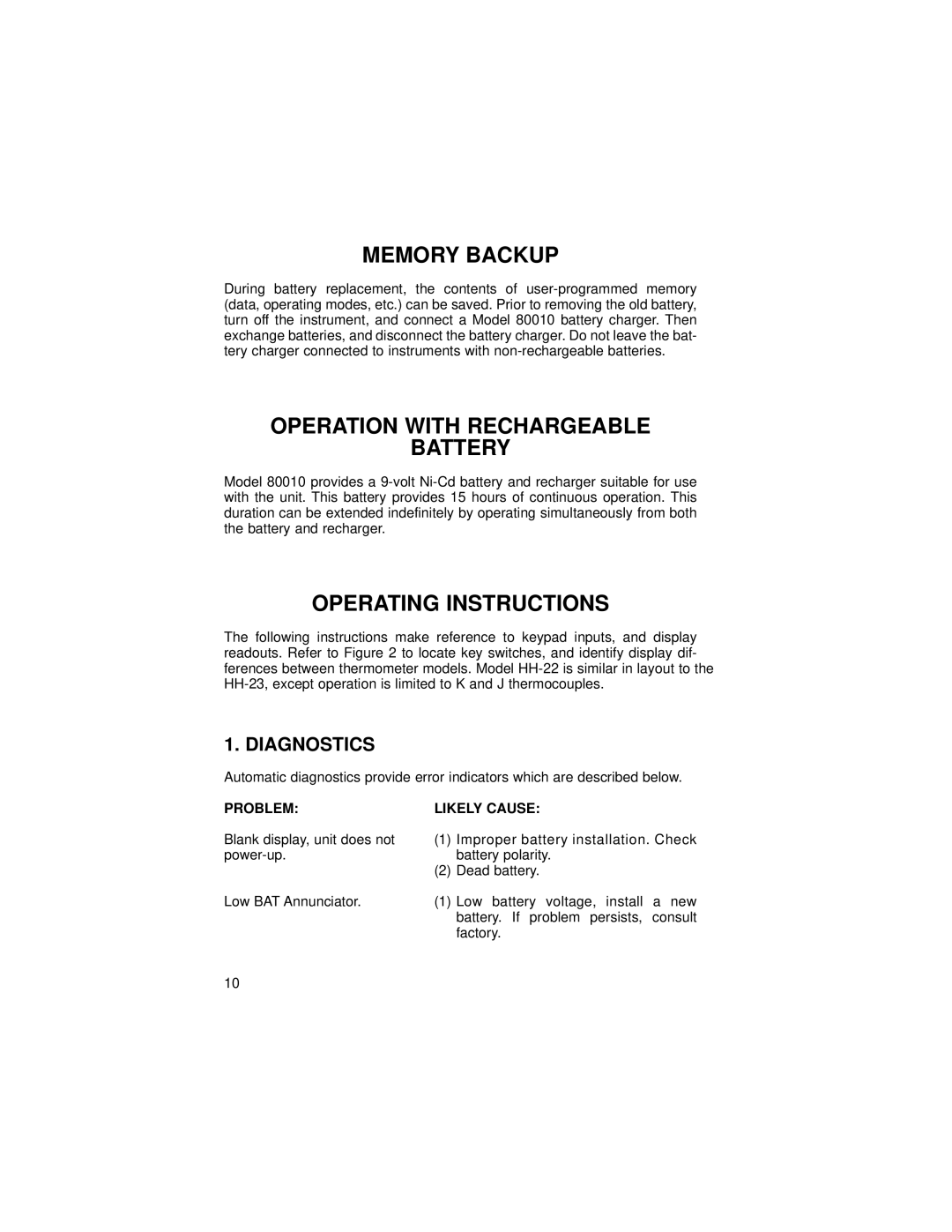 Omega Vehicle Security HH-21 manual Memory Backup, Operation with Rechargeable Battery, Operating Instructions, Diagnostics 