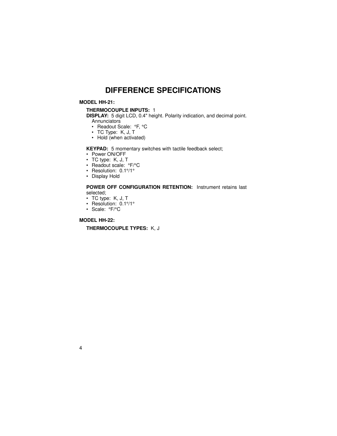 Omega Vehicle Security manual Difference Specifications, Model HH-21 Thermocouple Inputs 