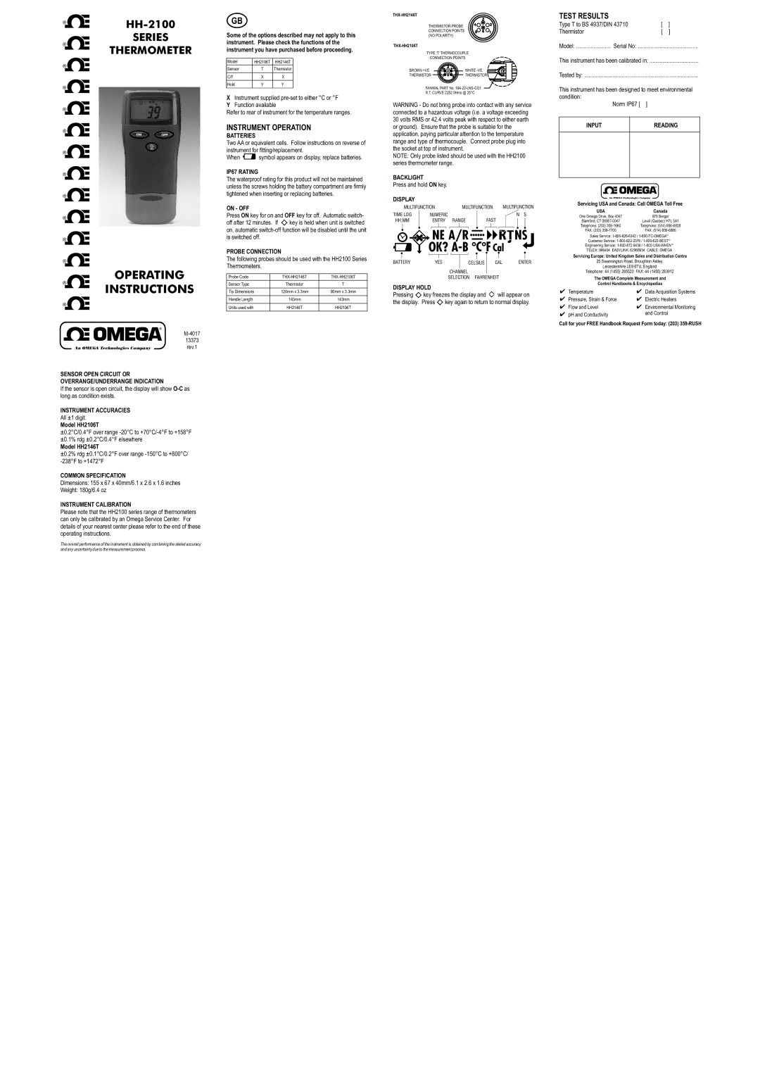 Omega Vehicle Security HH2100 Series operating instructions Instrument Operation, Test Results 